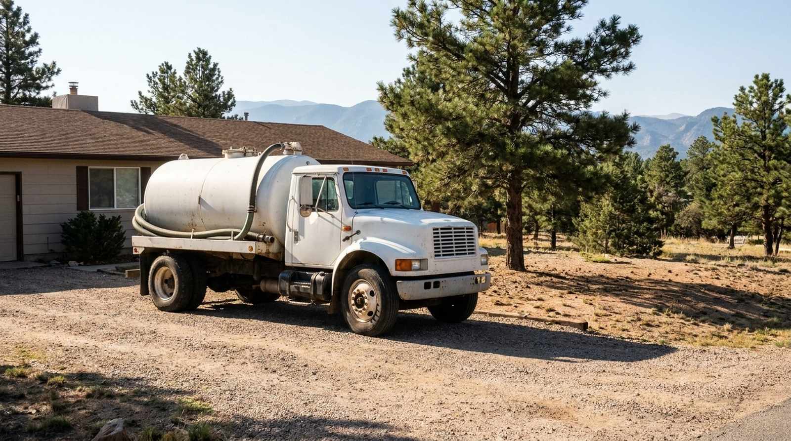 Affordable Septic Pumping septic service truck parked at a foothills home on decomposed granite soil in Evergreen, Colorado