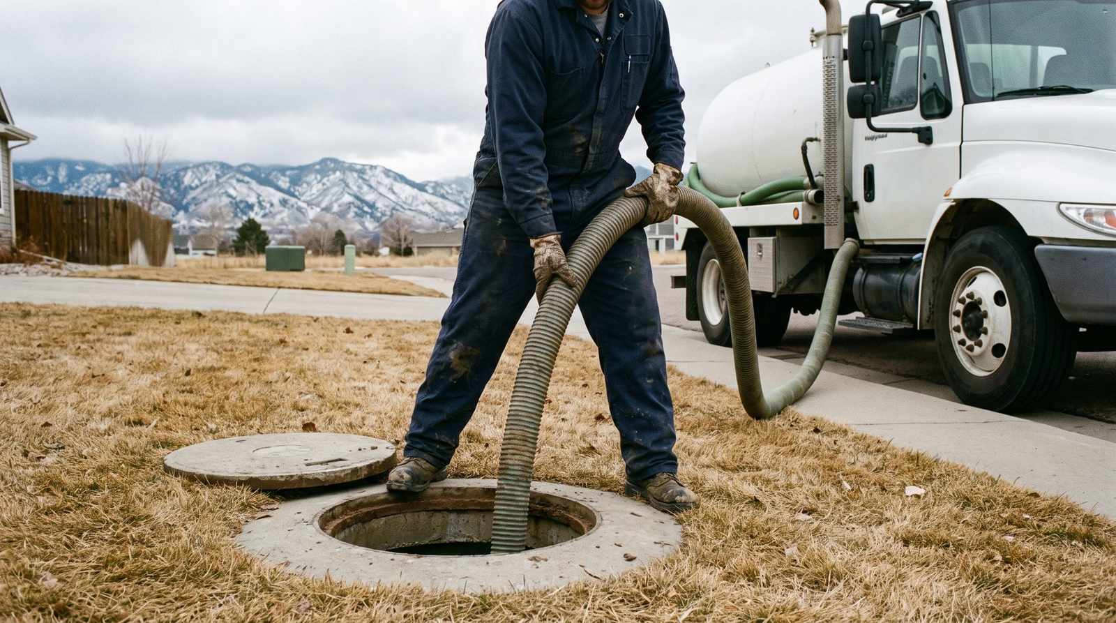 Septic technician feeding a vacuum hose into an open septic tank lid at a Denver area home
