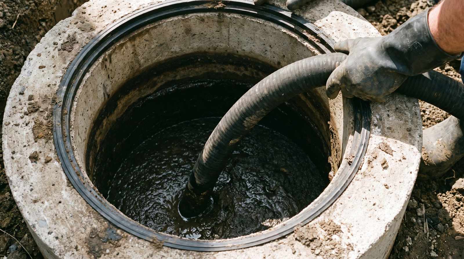 View into a septic tank during a pump out as the sludge level drops