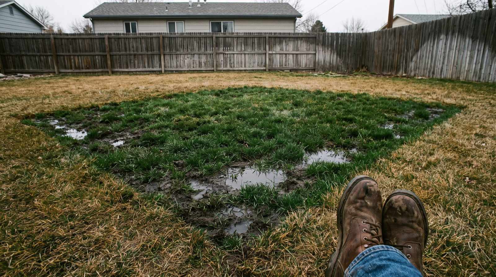 Soggy patch of lawn above a full septic tank in a Colorado backyard